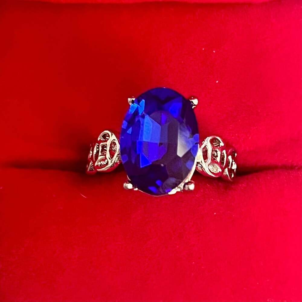 Blue Faux Sapphire Titanium Steel Silver Cocktail Ring Size 8